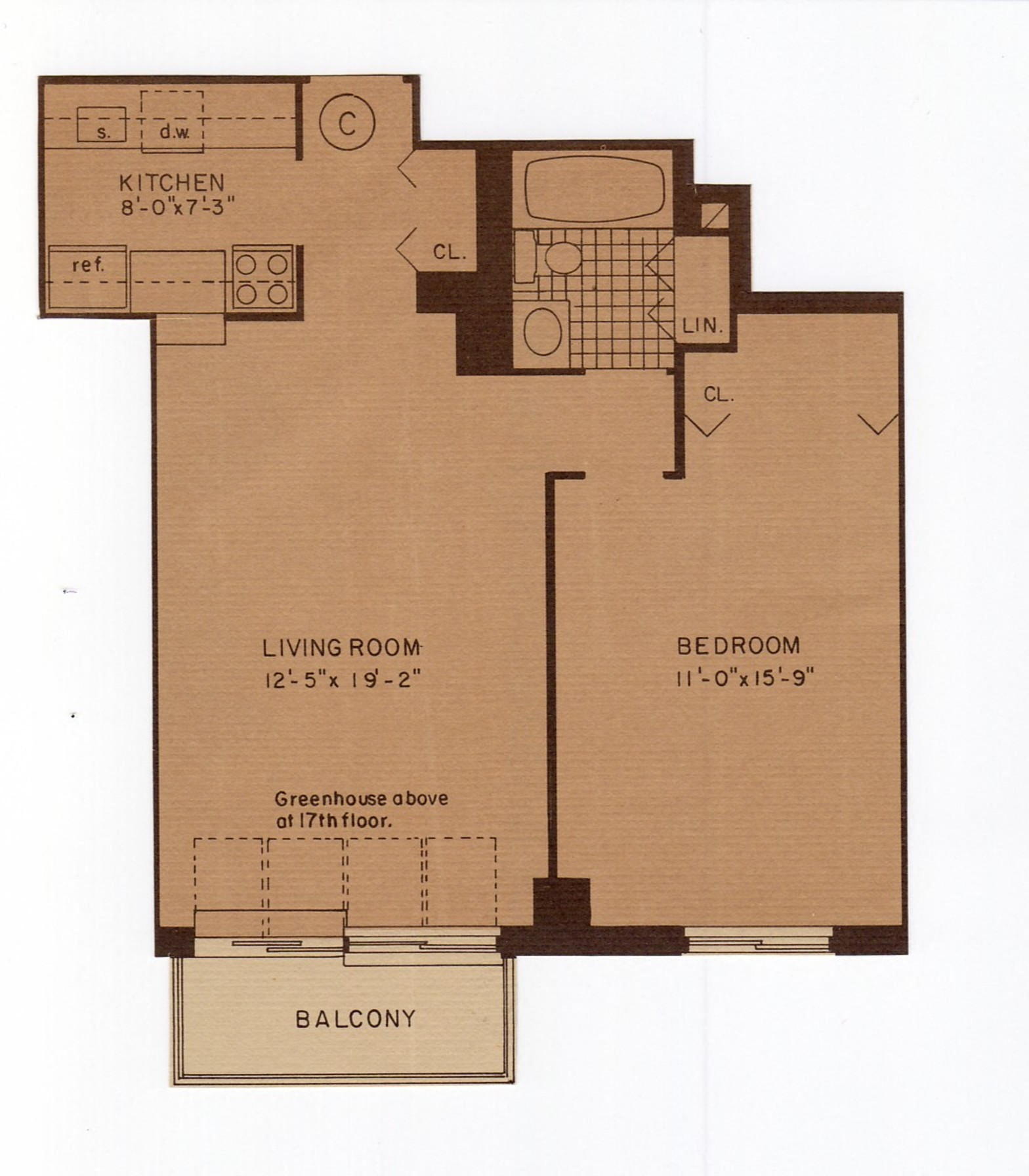 Floor plan for 1 bed, 1 bath